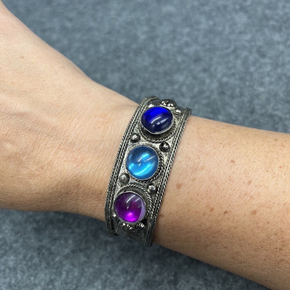 Vintage Tibetan Silver Cuff Bracelet Blue Purple Cabochon Glass Ethnic Bohemian